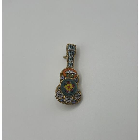 Vintage Italian Micro Mosaic Guitar Brooch Pin Tesserae Tile Italy in Gold Tone - Picture 6 of 8